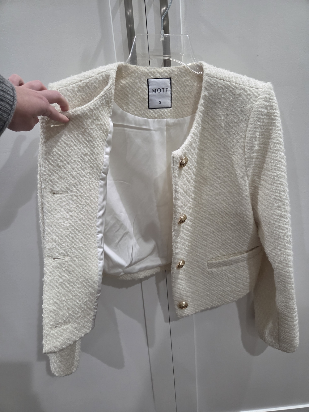 MOTF Cream Bouclé Cropped Blazer with Gold Buttons